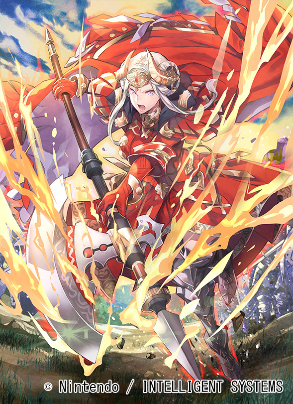 1girl axe cape company_name copyright_name edelgard_von_hresvelg fire_emblem fire_emblem:_three_houses fire_emblem_cipher full_body grass headpiece holding holding_axe horns nagahama_megumi official_art open_mouth solo violet_eyes white_hair