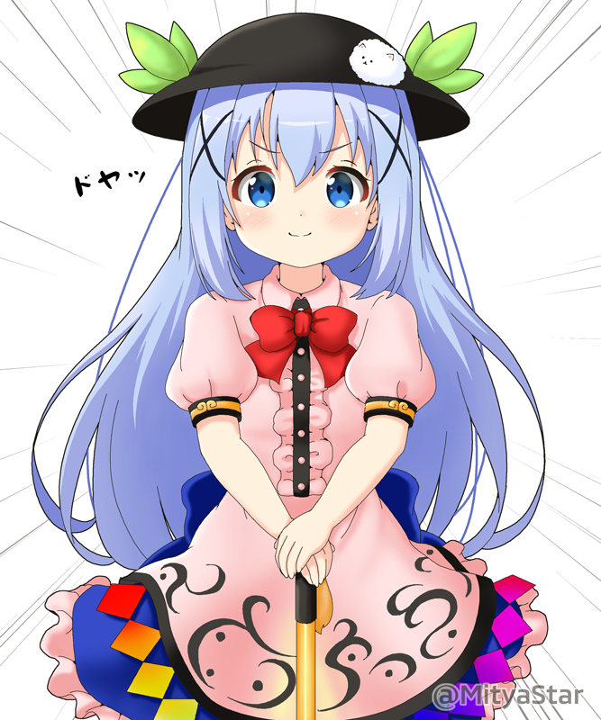 &gt;:) 1girl black_headwear blue_eyes blue_hair blue_skirt blush bow center_frills closed_mouth collared_dress commentary_request cosplay dress emphasis_lines frilled_skirt frills gochuumon_wa_usagi_desu_ka? hair_ornament hands_on_hilt hat hat_ornament hinanawi_tenshi hinanawi_tenshi_(cosplay) kafuu_chino long_hair looking_at_viewer miicha pink_dress puffy_short_sleeves puffy_sleeves red_bow short_sleeves simple_background skirt smile solo sword_of_hisou tippy_(gochiusa) touhou twitter_username very_long_hair white_background x_hair_ornament