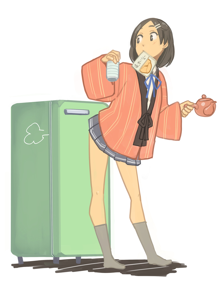 1girl black_eyes black_hair cup full_body gahaku grey_legwear grey_skirt hair_ornament hairclip hanten_(clothes) kantai_collection kuroshio_(kantai_collection) mouth_hold pleated_skirt refrigerator short_hair simple_background skirt snack socks solo standing teapot white_background yunomi