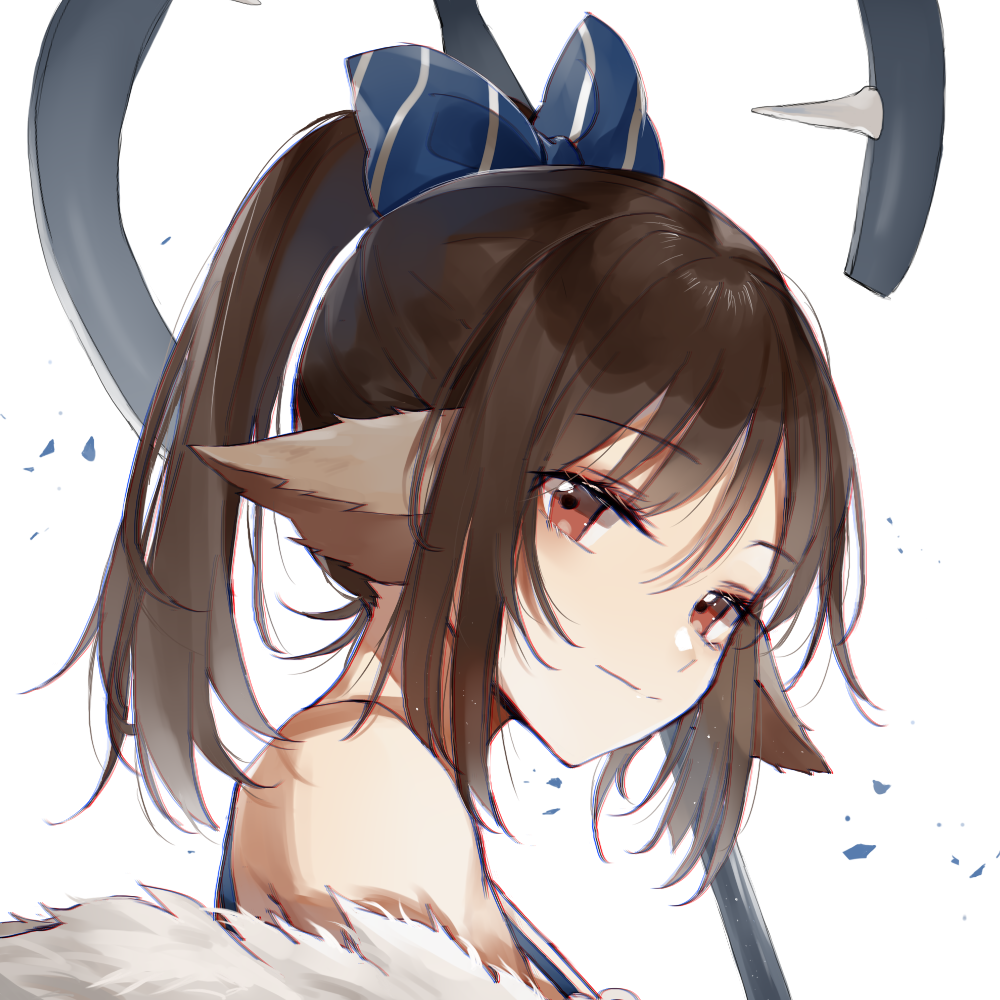 1girl animal_ears arknights blue_bow bow brown_hair closed_mouth diagonal-striped_bow diagonal_stripes eyebrows_visible_through_hair eyelashes fox_ears fur_trim hair_between_eyes hair_bow light_smile looking_at_viewer medium_hair meng_ziya perfumer_(arknights) ponytail portrait red_eyes simple_background smile solo staff striped striped_bow white_background