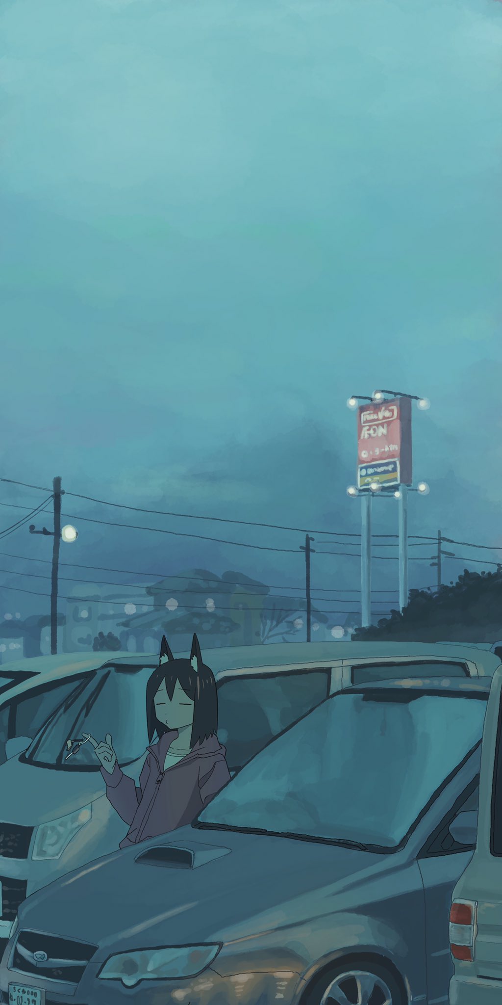 1girl animal_ear_fluff animal_ears bangs black_hair car car_keys closed_eyes clouds cloudy_sky eyebrows_visible_through_hair ground_vehicle highres jacket key long_sleeves medium_hair motor_vehicle nerio_(neri_akira) o3o original outdoors shirt sky solo