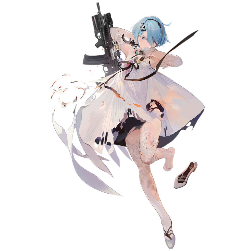 1girl ahoge alternate_costume assault_rifle bangs bare_shoulders black_hairband blue_hair broken_glass dress facing_viewer footwear_removed full_body girls_frontline glass gloves grey_eyes gun hair_between_eyes hair_ornament hair_over_one_eye hairband liquid looking_at_viewer nineo official_art rifle shoes short_hair solo standing standing_on_one_leg thigh-highs torn torn_clothes torn_dress torn_legwear transparent_background weapon weapon_on_back white_dress white_footwear white_gloves white_legwear zas_m21_(girls_frontline) zastava_m21