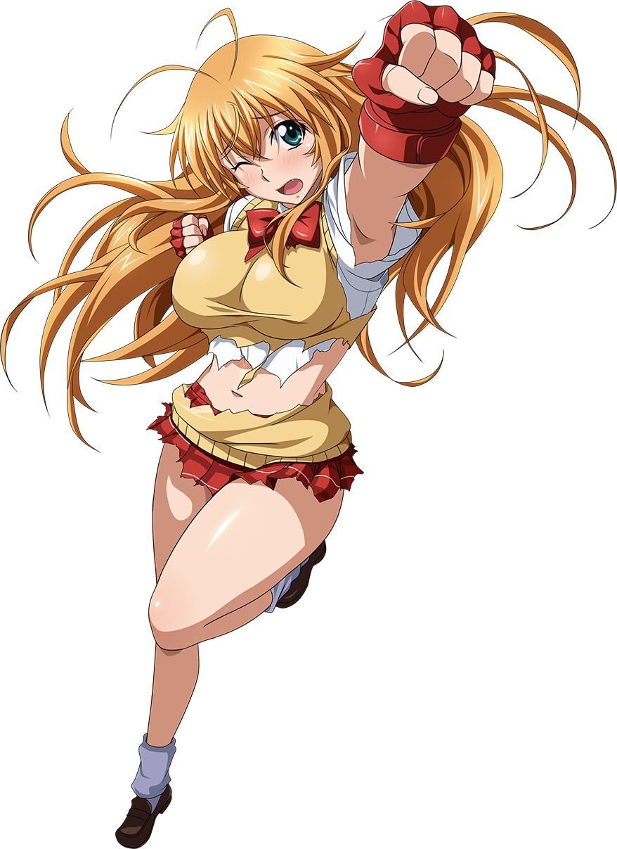 1girl antenna_hair aqua_eyes blush brown_footwear cardigan clenched_hands fang fingerless_gloves full_body gloves highres ikkitousen loafers long_hair navel open_mouth orange_hair outstretched_arm plaid plaid_skirt red_gloves red_skirt shoes short_sleeves skirt solo sonsaku_hakufu wince