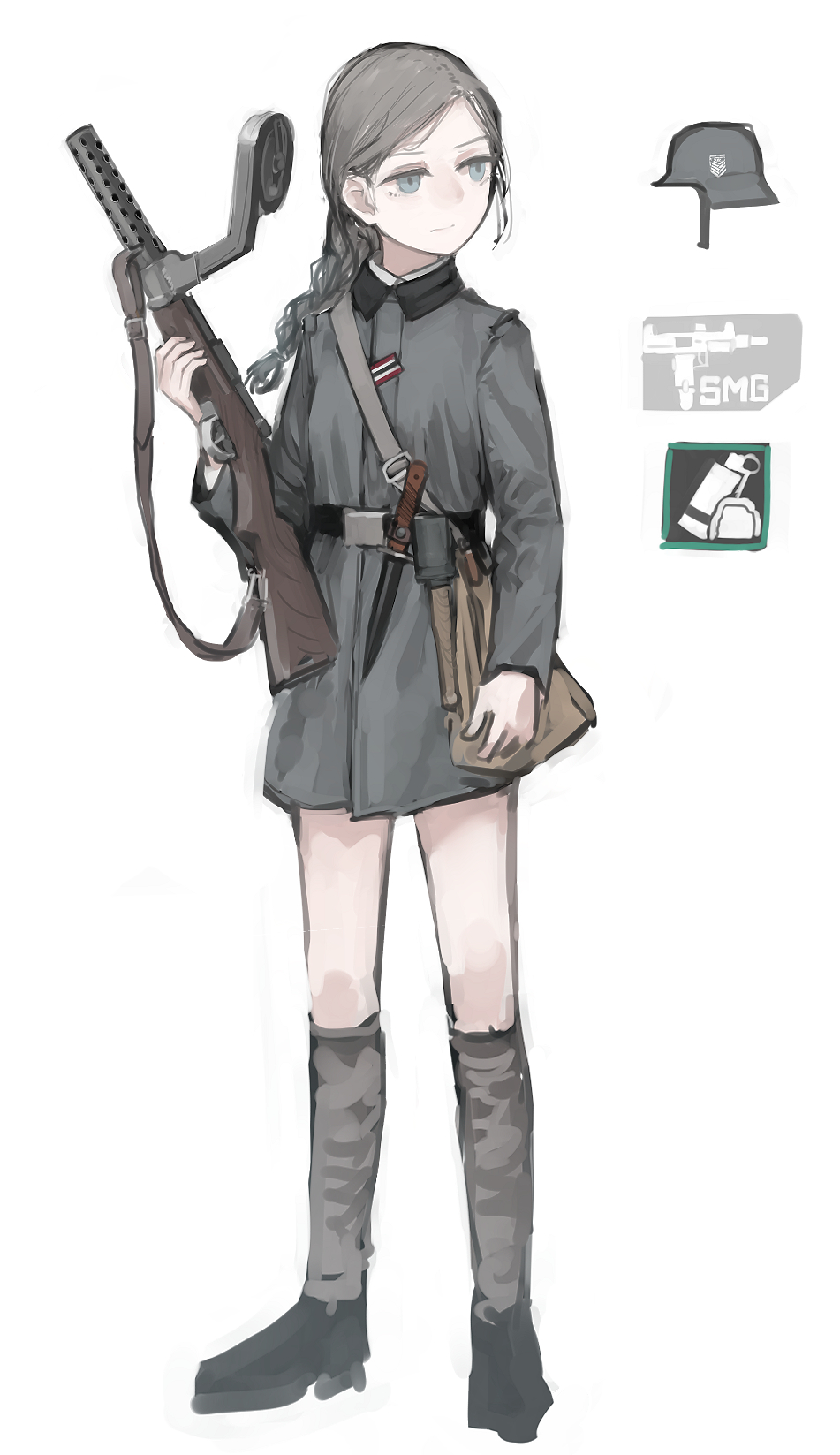 1girl belt blue_eyes braid check_character closed_mouth collared_jacket explosive full_body girls_frontline grenade grey_hair grey_jacket gun helmet highres holding holding_weapon jacket kneehighs knife long_hair long_sleeves mp18 original pouch rampart1028 shoes simple_background single_braid solo stahlhelm stielhandgranate submachine_gun weapon white_background