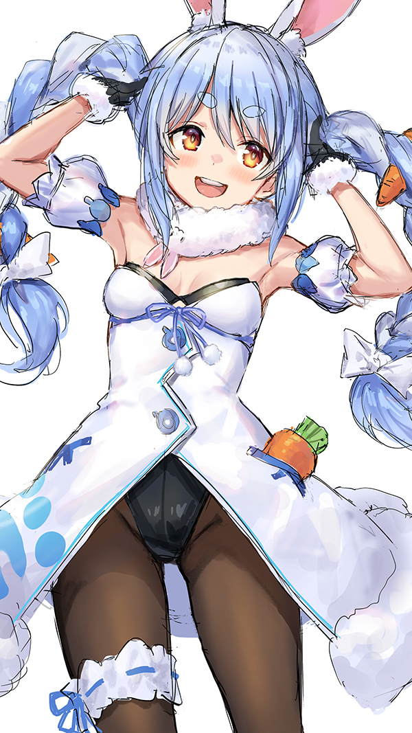 1girl :d animal_ear_fluff animal_ears armpits arms_up bare_shoulders black_gloves black_leotard blue_hair braid brown_legwear bunnysuit carrot coat cowboy_shot detached_sleeves fur_collar fur_trim gloves groin guchico hololive leg_garter leotard long_hair looking_at_viewer open_mouth orange_eyes pantyhose rabbit_ears simple_background sketch smile solo strapless strapless_leotard thick_eyebrows twin_braids twintails usada_pekora virtual_youtuber white_background white_coat