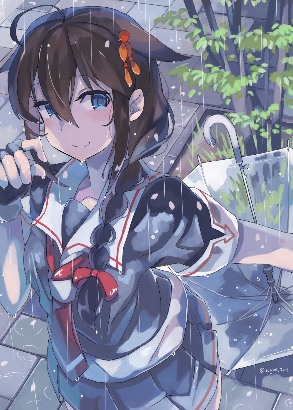 1girl ahoge black_hair black_serafuku black_skirt blue_eyes braid commentary_request cowboy_shot hair_flaps hair_ornament hair_over_shoulder highres kantai_collection looking_at_viewer neckerchief plant rain red_neckwear remodel_(kantai_collection) sailor_collar school_uniform serafuku shigure_(kantai_collection) single_braid skirt solo sugue_tettou transparent transparent_umbrella umbrella wet wet_clothes white_sailor_collar