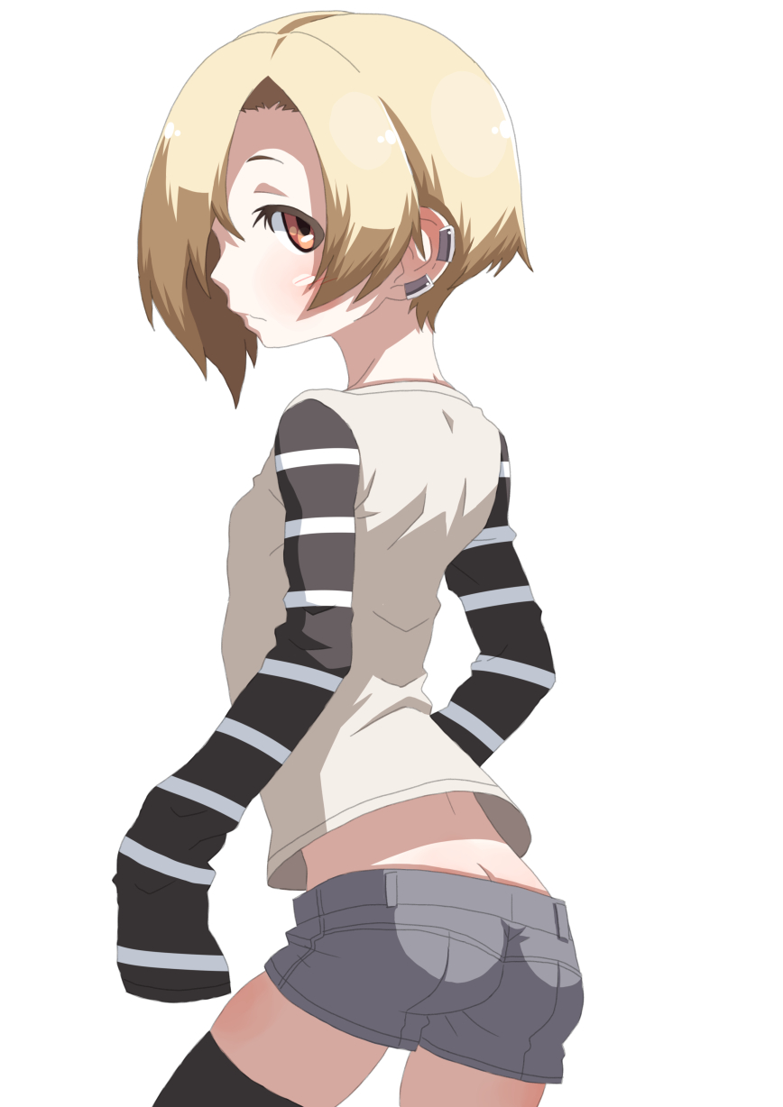 1girl ass black_legwear blonde_hair earrings from_behind hair_over_one_eye highres idolmaster idolmaster_cinderella_girls jewelry long_sleeves looking_at_viewer looking_back piercing shiny shiny_hair shiny_skin shirasaka_koume short_hair shorts simple_background sleeves_past_fingers sleeves_past_wrists solo standing thigh-highs white_background yuh_koume