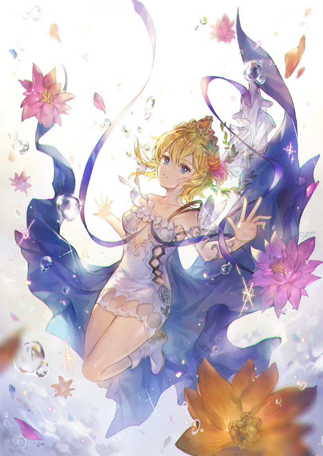 1girl artist_name bangs bare_shoulders blonde_hair blue_eyes boots breasts cape collarbone commentary dress europa_(granblue_fantasy) flower full_body granblue_fantasy hair_flower hair_ornament jewelry long_hair looking_at_viewer medium_breasts parted_lips petals shiny shiny_hair short_dress short_hair signature simple_background solo soriya sparkle strapless strapless_dress tiara water water_drop white_footwear