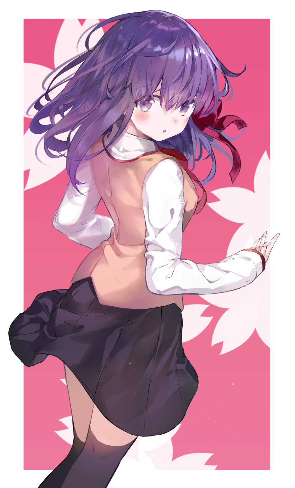 1girl :o bangs bbci black_legwear black_skirt blush breasts commentary_request dress eyebrows_visible_through_hair fate/stay_night fate_(series) from_behind hair_ribbon highres long_hair looking_at_viewer matou_sakura medium_breasts pleated_skirt purple_hair ribbon skirt solo thigh-highs violet_eyes