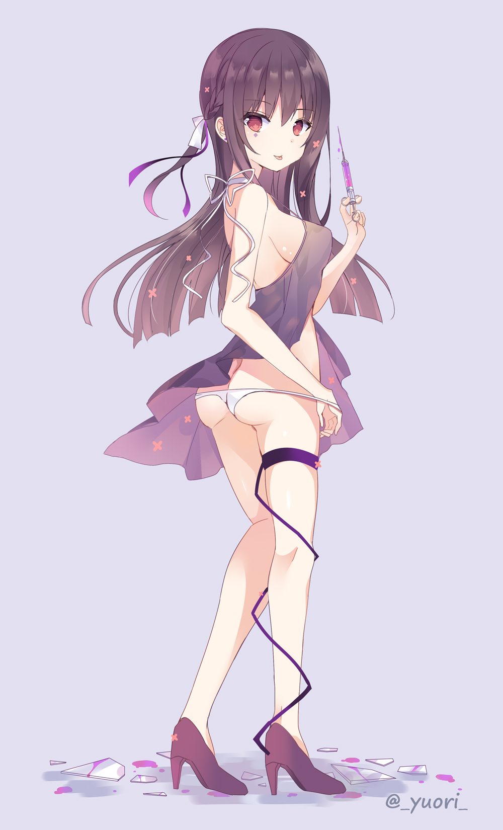 1girl ass babydoll bare_arms bare_legs bare_shoulders black_hair braid breasts broken_glass choker commentary facial_mark from_side full_body glass hand_up high_heels highres holding lavender_background lingerie long_hair looking_at_viewer looking_to_the_side lowleg lowleg_panties medium_breasts original panties purple_footwear red_eyes ribbon_choker sidelocks simple_background solo standing syringe thigh_strap thighs tongue tongue_out underwear white_choker white_panties yu-ori