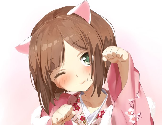 1girl animal_ears arms_up bangs blush brown_hair cat_ears clenched_hands close-up commentary eyebrows_visible_through_hair face fang green_eyes hands hands_up japanese_clothes kaisen_chuui kimono light light_smile miko one_eye_closed original parted_bangs paw_pose pink_kimono sidelocks smile solo_focus translation_request