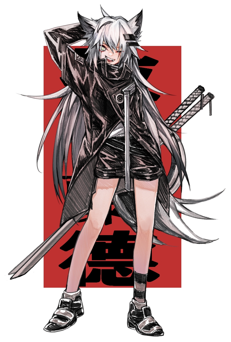 1girl animal_ears arknights bare_legs black_coat black_footwear black_shorts chinese_commentary coat contrapposto english_commentary eyes_visible_through_hair fangs full_body hair_between_eyes hair_ornament katana koli_(ssssoliko) lappland_(arknights) long_hair looking_at_viewer mixed-language_commentary one_eye_closed open_mouth red_background shirt shoes short_shorts shorts silver_hair simple_background single_sock smile socks solo spiky_hair standing striped striped_legwear sword tail thighs two-tone_background weapon white_background white_shirt wolf_ears wolf_tail yellow_eyes