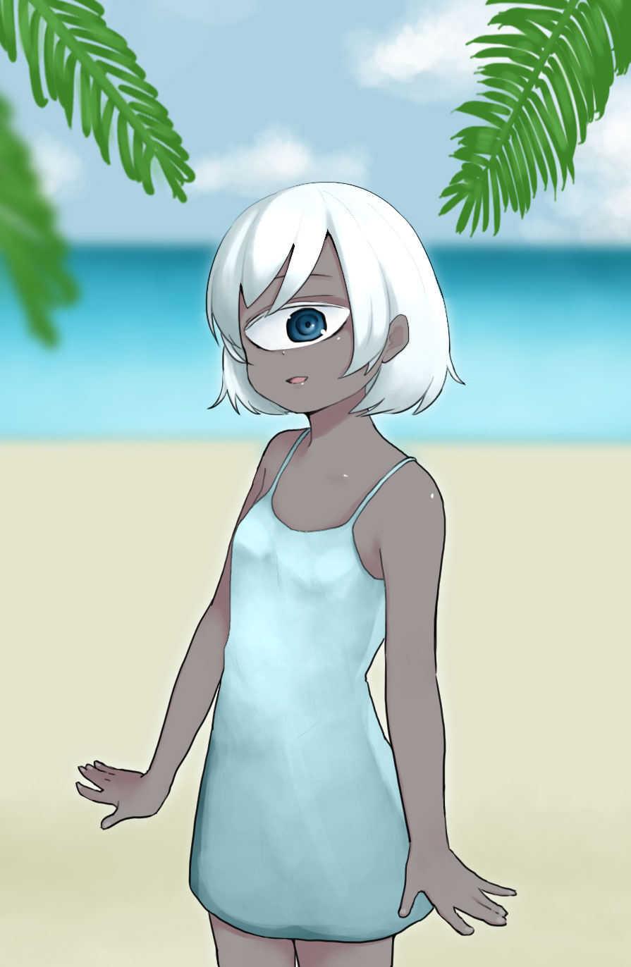 1girl :d bare_arms bare_shoulders blue_dress blue_eyes blurry blurry_background cowboy_shot cyclops dark_skin depth_of_field dress highres kuronyankokko looking_at_viewer one-eyed open_mouth original palm_tree parted_lips sleeveless sleeveless_dress smile solo standing tree white_hair