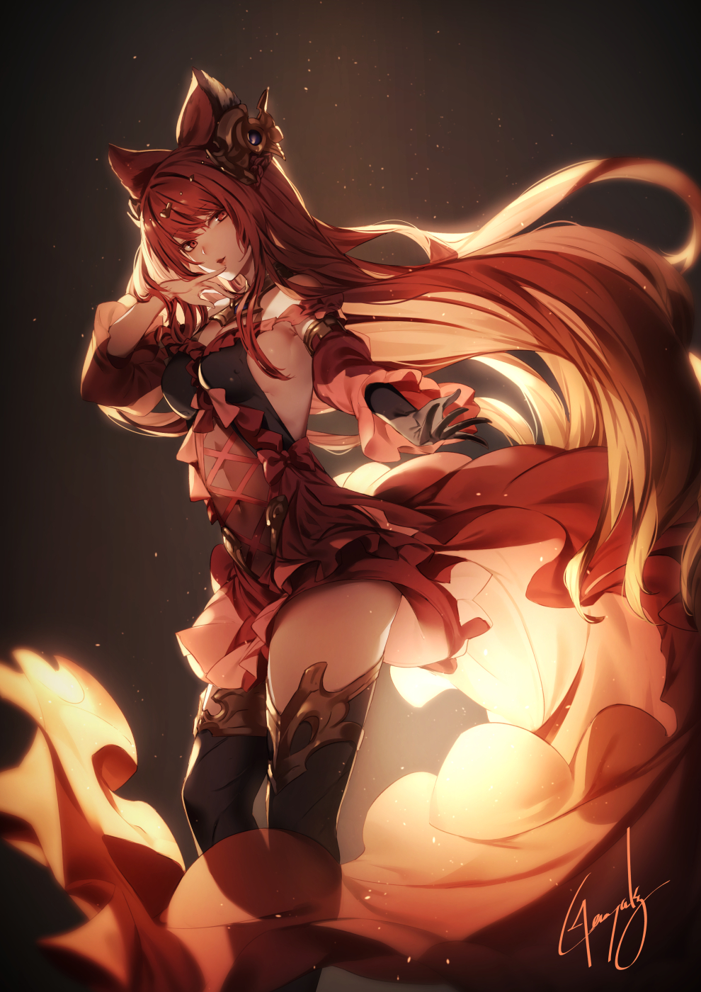 1girl anthuria bangs bare_shoulders black_gloves breasts dress erune fire gloves granblue_fantasy hair_ornament highres kyouya_(mukuro238) large_breasts long_sleeves looking_at_viewer red_dress red_eyes redhead single_glove solo