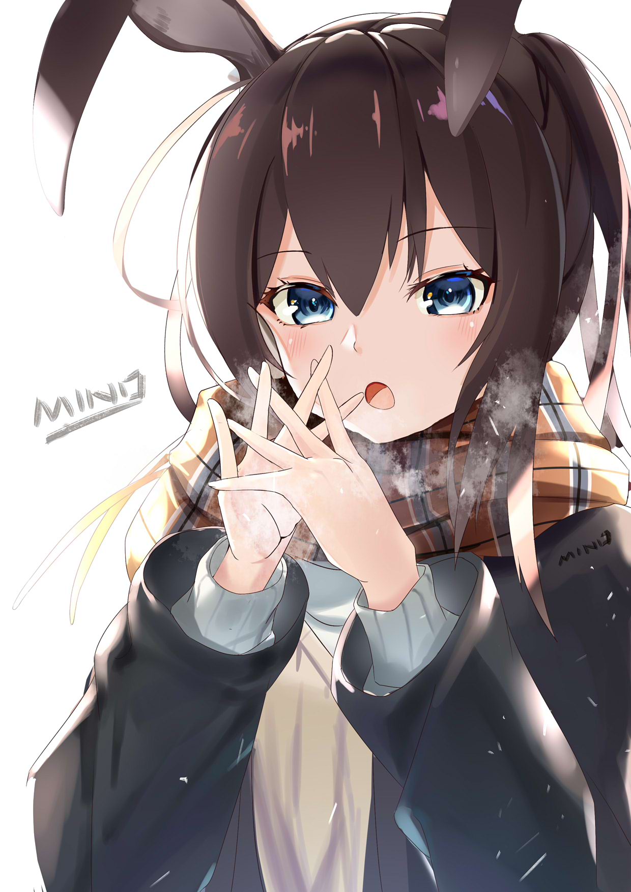 1girl :o amiya_(arknights) animal_ears arknights artist_name bangs black_jacket blue_eyes blush breath brown_hair brown_scarf chinese_commentary commentary_request eyebrows_visible_through_hair hair_between_eyes hands_up highres jacket long_hair long_sleeves looking_at_viewer minoominoomi open_clothes open_jacket open_mouth rabbit_ears scarf simple_background solo upper_body white_background
