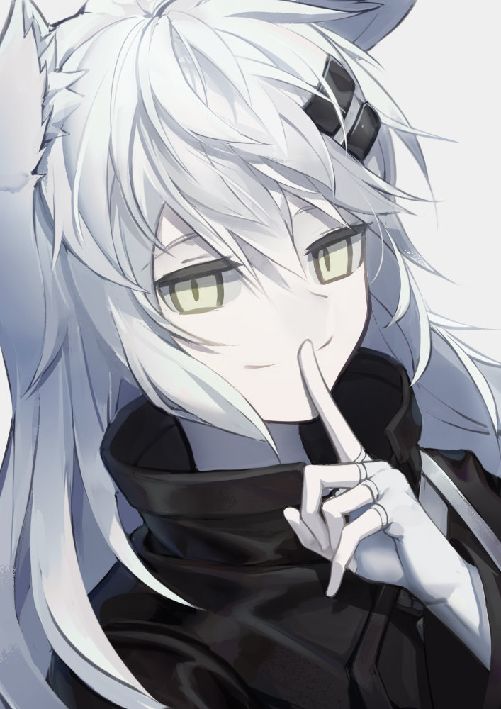 1girl animal_ear_fluff animal_ears arknights bangs black_jacket fingerless_gloves gloves grey_background grey_eyes hair_between_eyes hair_ornament hairclip hand_to_own_mouth hand_up high_collar index_finger_raised jacket lappland_(arknights) long_hair looking_at_viewer natsu_yorumei silver_hair simple_background smile solo upper_body white_gloves wolf_ears