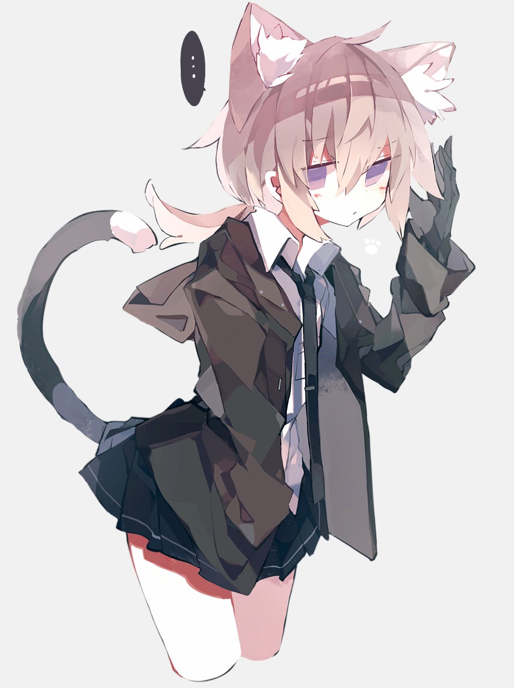 ... 1girl ahoge animal_ear_fluff animal_ears bangs black_gloves black_jacket black_neckwear black_skirt blush breast_pocket cat_ears cat_tail closed_mouth collared_shirt commentary cowboy_shot cropped_legs curled_tail dress_shirt girls_frontline gloves grey_background hand_in_pocket highres hood hood_down hooded_jacket jacket kemonomimi_mode lavender_eyes looking_at_viewer loose_necktie low_ponytail m200_(girls_frontline) meto_(metrin) necktie open_clothes open_jacket paw_print pink_hair pleated_skirt pocket popped_collar shirt sidelocks skirt solo tail white_shirt zipper