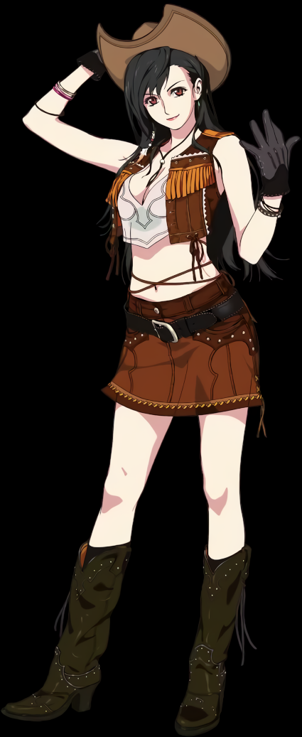 1girl belt black_background black_gloves black_hair boots bracelet brown_eyes brown_skirt cleavage closed_mouth cowboy_boots cowboy_hat crop_top female final_fantasy final_fantasy_vii final_fantasy_vii_remake full_body gloves hand_on_hat hat jewelry long_hair looking_at_viewer navel official_art open_vest red_eyes roberto_ferrari simple_background skirt sleeveless smile standing stomach tassel tifa_lockhart vest