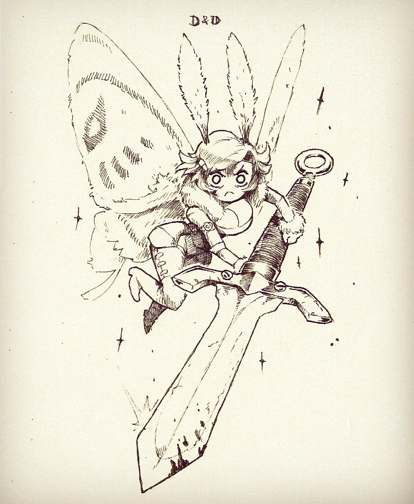 1girl angry blood bloody_weapon boots closed_mouth dagger dungeons_and_dragons epebe fairy flying frown fur_trim hair_ornament hairclip hatching_(texture) holding holding_dagger holding_weapon huge_weapon ink inktober insect_girl monochrome moth_girl moth_wings rogue solo sparkle traditional_media weapon wings