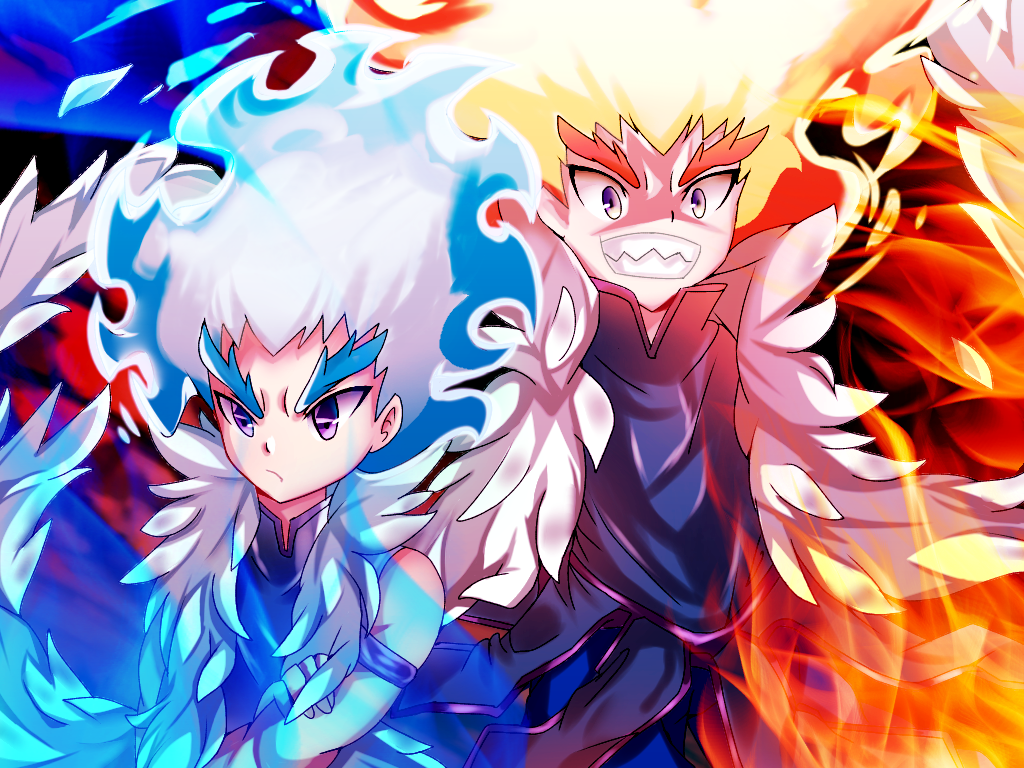 2boys angry artist_name beyblade beyblade:_burst blue_fire blue_hair chankyone character_name eyeshadow fiery_hair fire formal makeup md5_mismatch multiple_boys powering_up redhead scarf shirosagi_lui suit violet_eyes wide-eyed