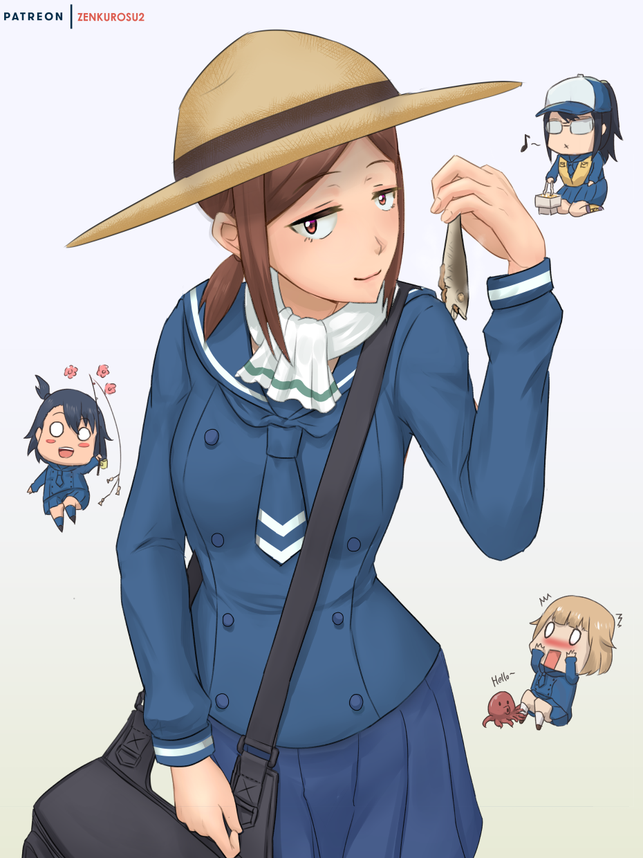 4girls commentary fish fishing_hook fishing_line fishing_lure fishing_rod glasses hat highres hodaka_natsumi holding holding_fishing_rod houkago_teibou_nisshi kuroiwa_yuuki multiple_girls oono_makoto patreon_username scarf school_uniform straw_hat tsurugi_hina wave_print zen_cross