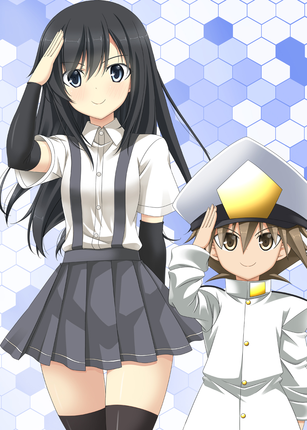 1boy 1girl arm_behind_back arm_warmers asashio_(kantai_collection) black_hair brown_eyes brown_hair commentary_request epaulettes green_eyes hair_between_eyes hat highres kantai_collection little_boy_admiral_(kantai_collection) long_hair long_sleeves military military_hat military_uniform oversized_clothes peaked_cap pleated_skirt rappa_(rappaya) saluting school_uniform short_sleeves skirt sleeves_past_wrists smile suspenders thigh-highs uniform zettai_ryouiki