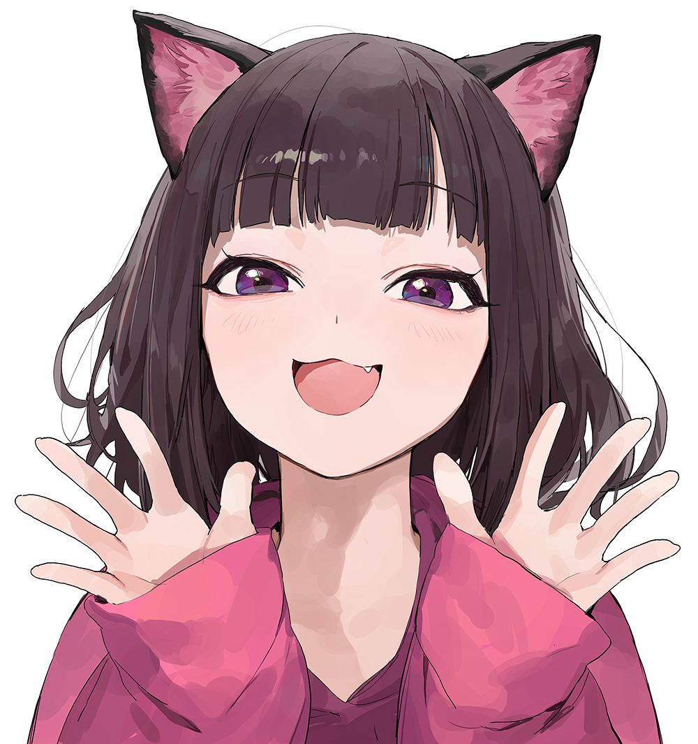 animal_ears bangs blunt_bangs bob_cut brown_hair cat_ears commentary fang hair_strand kmnz light_blush mc_liz mossi open_mouth outstretched_hand pink_shirt profile shirt simple_background sleeves_past_wrists smile sweatshirt violet_eyes virtual_youtuber white_hair