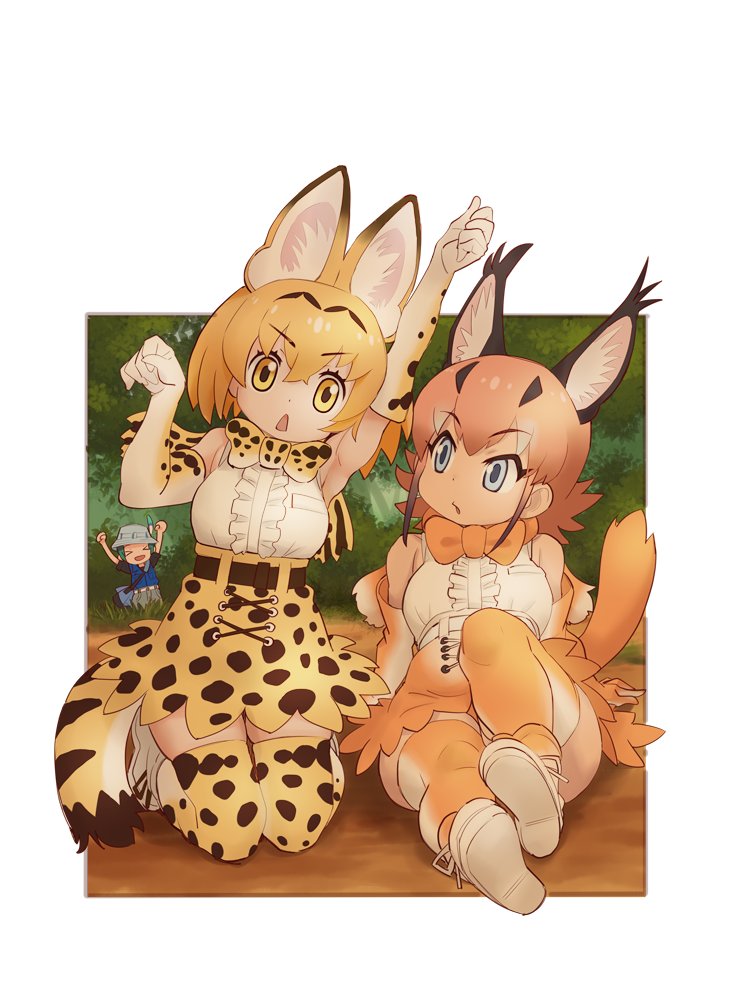 &gt;_&lt; 2girls animal_ears arm_up arms_up belt black_belt blonde_hair blue_eyes blue_shirt bow bowtie brown_hair brown_legwear brown_neckwear brown_skirt caracal_(kemono_friends) claw_pose day dog_ears dog_tail elbow_gloves eyebrows_visible_through_hair gloves grey_headwear helmet high-waist_skirt kemono_friends kneeling kyururu_(kemono_friends) leaning_to_the_side looking_at_another looking_at_viewer medium_hair miniskirt multiple_girls nyororiso_(muyaa) open_mouth outdoors outside_border pith_helmet print_gloves print_legwear print_neckwear serval_(kemono_friends) serval_ears serval_print serval_tail shirt shoes short_hair sitting skindentation skirt sleeveless sleeveless_shirt tail thigh-highs triangle_mouth white_footwear white_gloves white_shirt yellow_eyes yellow_legwear yellow_neckwear yellow_skirt