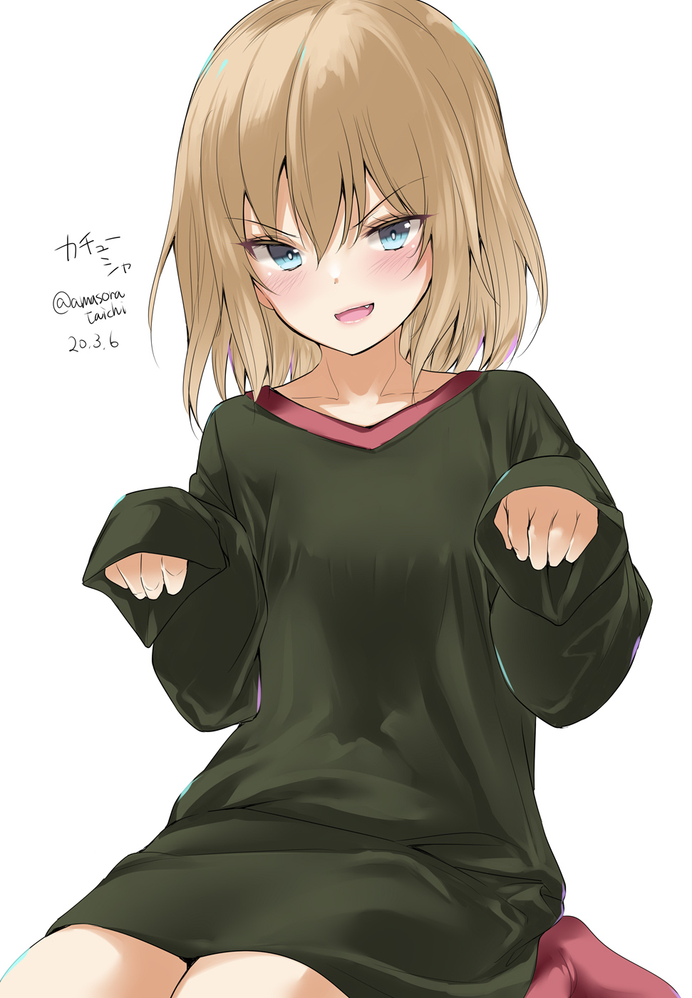 1girl amasora_taichi bangs black_shirt blonde_hair blue_eyes blush character_name commentary dated fang girls_und_panzer highres katyusha_(girls_und_panzer) long_sleeves looking_at_viewer open_mouth pajamas paw_pose pink_legwear shirt short_hair simple_background sitting sleeves_past_fingers sleeves_past_wrists smile socks solo t-shirt translated twitter_username v-shaped_eyebrows white_background