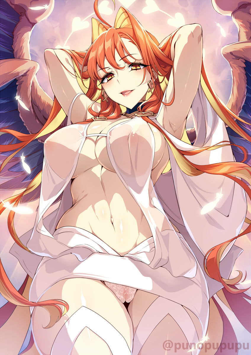 1girl aphrodite_(fate/grand_order) arms_behind_head arms_up bangs blush breasts center_opening dress earrings fate/grand_order fate_(series) hair_intakes heart heart_earrings highres jewelry large_breasts lipstick long_hair long_sleeves looking_at_viewer makeup multicolored_hair multiple_wings navel red_wings redhead smile solo two-tone_hair white_dress wings zeroshiki_kouichi