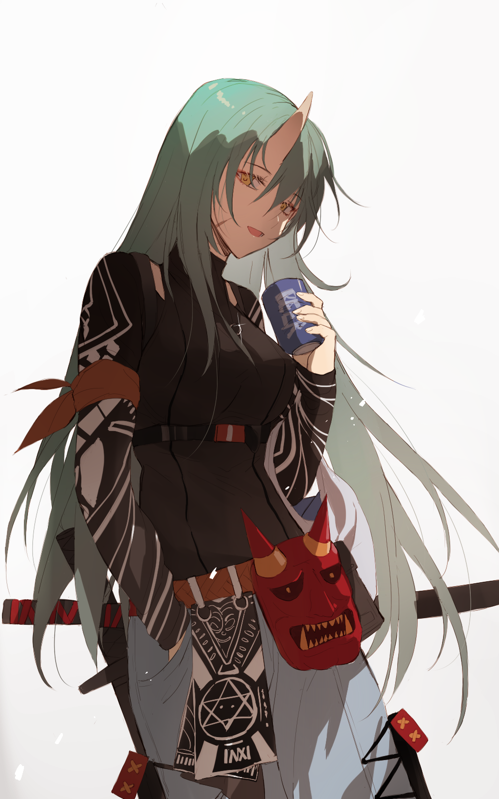 1girl arknights armband beer_can belt black_shirt breasts can cowboy_shot drink eyebrows_visible_through_hair eyelashes facial_scar green_hair grey_pants hair_between_eyes hand_in_pocket hannya hexagram highres hoshiguma_(arknights) katana large_breasts long_hair long_sleeves looking_at_viewer meng_ziya oni_horn oni_mask open_mouth pants scar sheath sheathed shirt simple_background smile solo star_of_david straight_hair sword towel turtleneck weapon white_background yellow_eyes