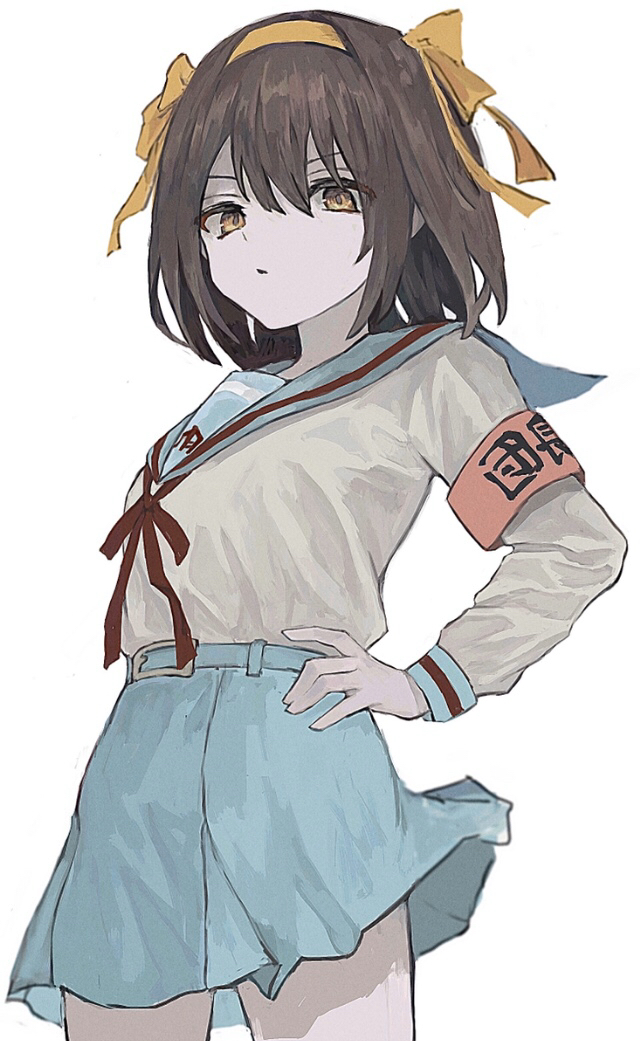 1249abcde 1girl armband belt belt_buckle bow brown_hair buckle commentary eyes_visible_through_hair hair_between_eyes hair_bow hairband hand_on_hip looking_at_viewer medium_hair parted_lips red_neckwear red_ribbon ribbon school_uniform simple_background solo standing suzumiya_haruhi suzumiya_haruhi_no_yuuutsu uniform white_background yellow_bow yellow_eyes yellow_hairband