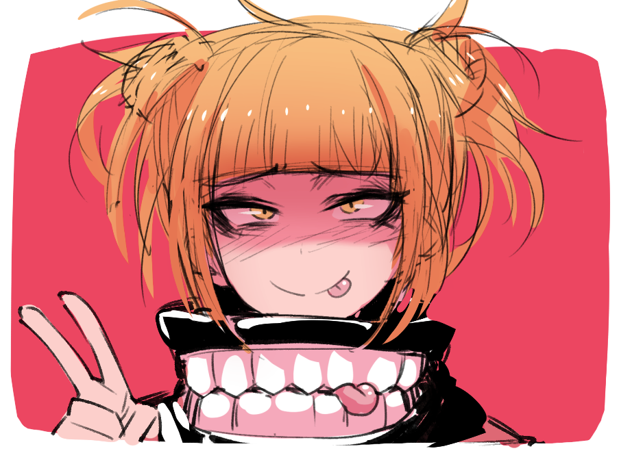 1girl :p bangs blonde_hair blunt_bangs boku_no_hero_academia closed_mouth double_bun j.k. looking_at_viewer red_background sanpaku simple_background smile solo toga_himiko tongue tongue_out v yellow_eyes