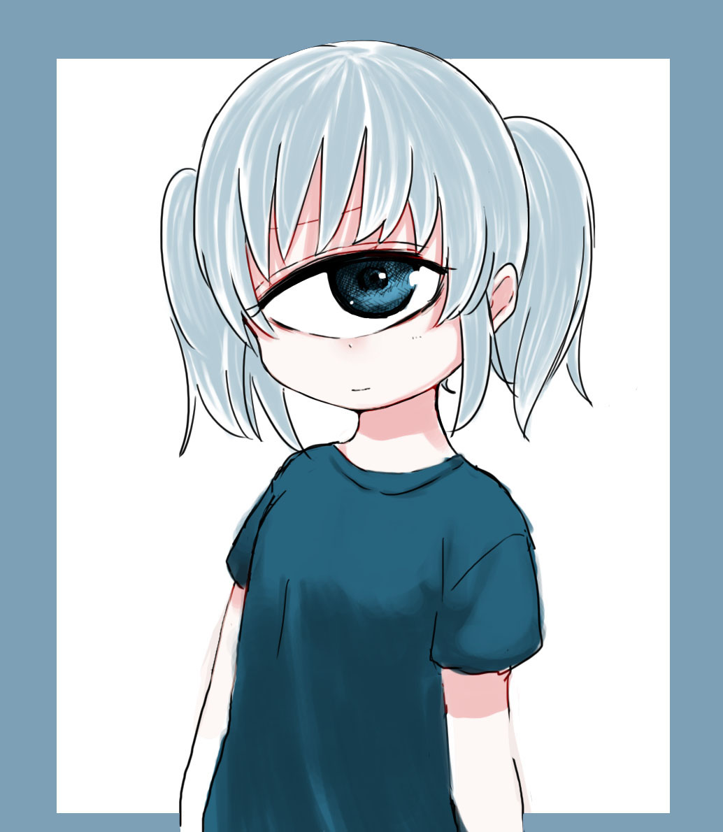 1girl blue_border blue_eyes blue_hair blue_shirt border closed_mouth cyclops kuronyankokko looking_at_viewer one-eyed original outside_border shirt short_hair short_sleeves simple_background smile solo twintails upper_body white_background