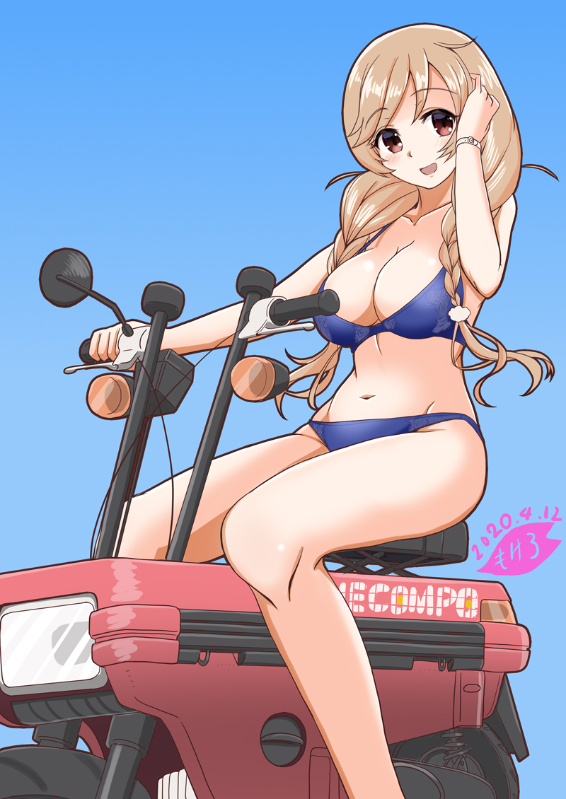 1girl arm_up blue_bra blue_panties blush bra braid breasts cloud_hair_ornament eyebrows_visible_through_hair gradient gradient_background ground_vehicle hair_ornament honda_motocompo kantai_collection large_breasts light_brown_hair long_hair looking_at_viewer minegumo_(kantai_collection) mokerou motocompo motor_vehicle motorcycle navel open_mouth panties red_eyes sitting smile solo twin_braids underwear