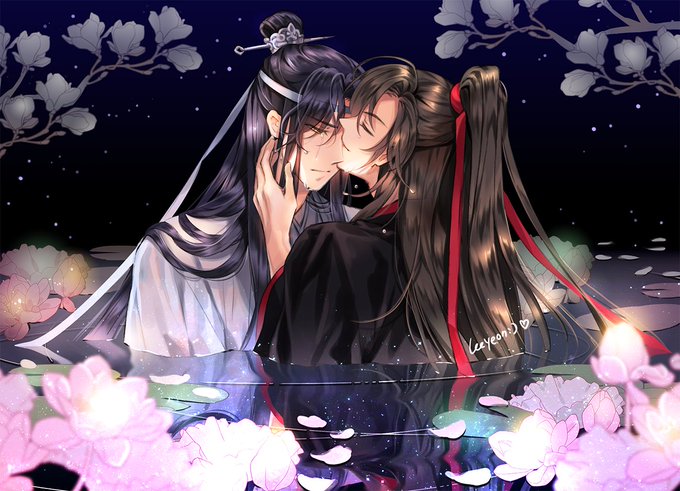 2boys blonde_hair elemental hair_ribbon hand_up headband kiss long_hair male_focus mo_dao_zu_shi multiple_boys petals red_ribbon reflection ribbon wangji_lan water white_headband wuxian_wei yaoi