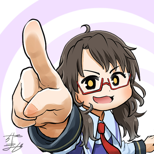 1girl avatar_icon brown_hair chamaji commentary eyebrows_visible_through_hair glasses looking_at_viewer lowres necktie no_hat no_headwear open_mouth pointing pointing_at_viewer red-framed_eyewear red_neckwear school_uniform semi-rimless_eyewear signature simple_background smile solo touhou under-rim_eyewear usami_sumireko vest