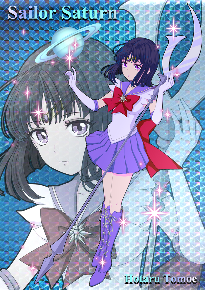 1girl back_bow bishoujo_senshi_sailor_moon black_hair blue_background boots bow brooch character_name choker circlet closed_mouth cross-laced_footwear elbow_gloves expressionless full_body gloves holding holding_spear holding_weapon jewelry knee_boots lace-up_boots looking_at_viewer magical_girl object_namesake planet pleated_skirt polearm purple_footwear purple_sailor_collar purple_skirt red_bow sailor_collar sailor_saturn sailor_senshi_uniform saturn_(planet) short_hair silence_glaive skirt solo spear standing tomoe_hotaru violet_eyes weapon white_gloves yogikka zoom_layer
