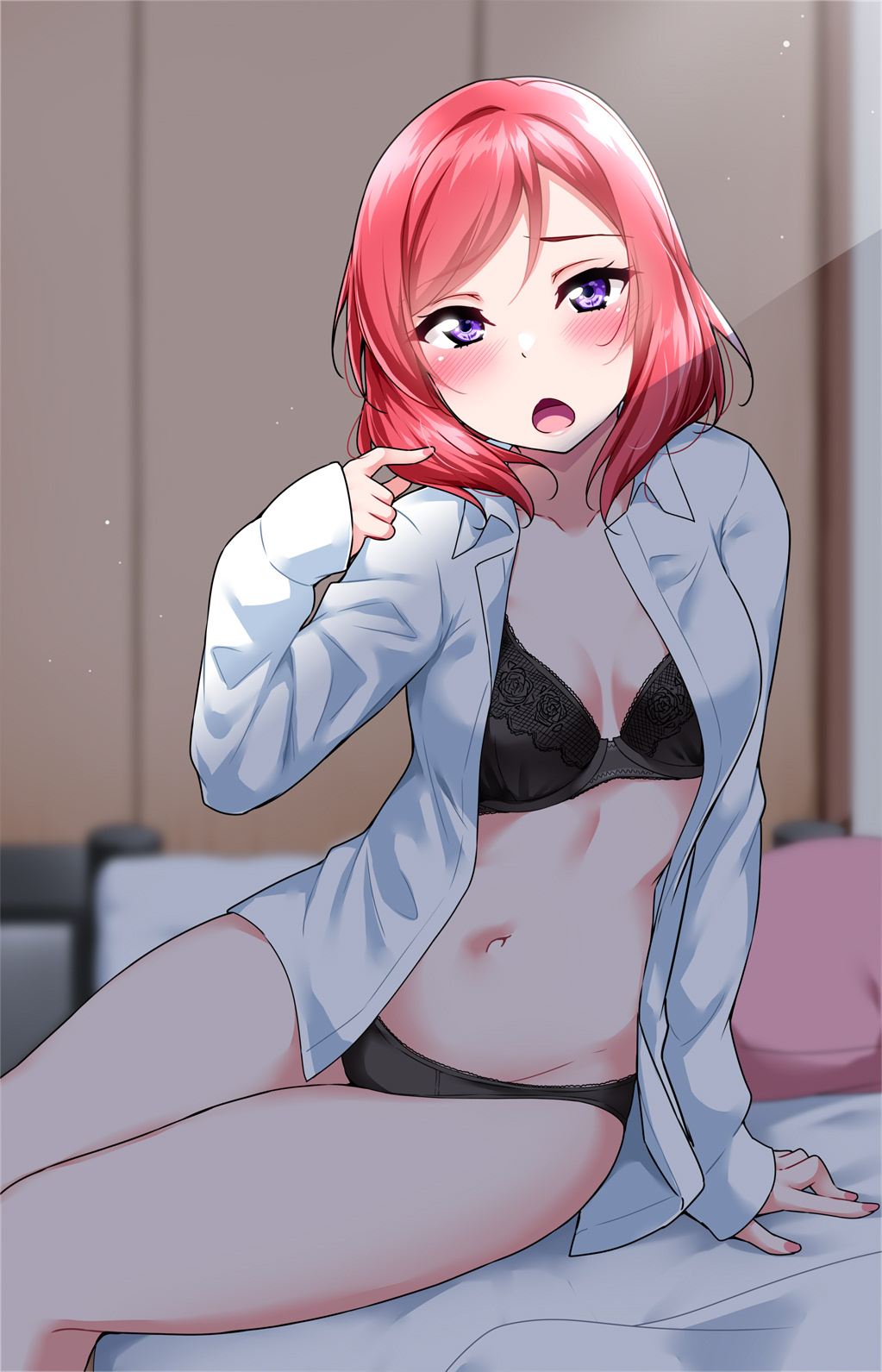 1girl black_bra black_panties blush bra collared_shirt commentary_request highres indoors long_sleeves looking_at_viewer love_live! love_live!_school_idol_project navel nishikino_maki no_pants on_bed open_clothes open_mouth open_shirt panties playing_with_own_hair redhead shirt short_hair sitting sitting_on_bed solo underwear violet_eyes white_shirt yopparai_oni