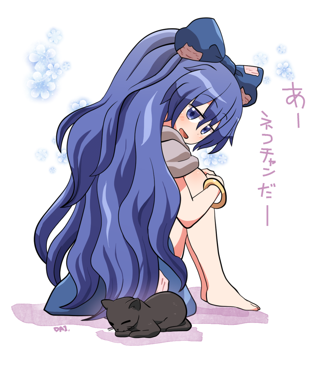 1girl animal bangle barefoot blue_bow blue_eyes blue_hair blue_skirt blush bow bracelet cat eyebrows_visible_through_hair grey_hoodie hair_between_eyes hair_bow hood hoodie jewelry long_hair open_mouth rokugou_daisuke short_sleeves signature skirt smile solo touhou white_background yorigami_shion