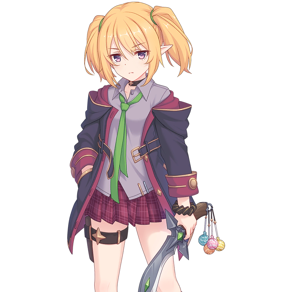 1girl blonde_hair chloe_(princess_connect!) holding holding_weapon jacket looking_at_viewer necktie official_art pointy_ears princess_connect! school_uniform skirt st._theresa's_girls_academy_school_uniform tachi-e transparent_background weapon
