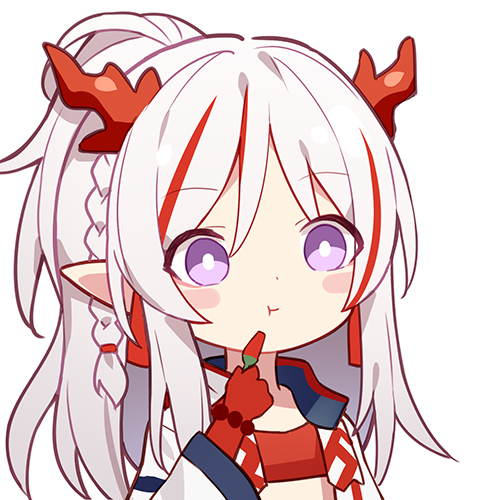 1girl arknights braid chibi eating hair_ornament horns jacket jewelry kurisu_tina long_hair lowres multicolored_hair nian_(arknights) one_side_up open_clothes open_jacket pepper pointy_ears portrait solo streaked_hair tassel violet_eyes white_jacket