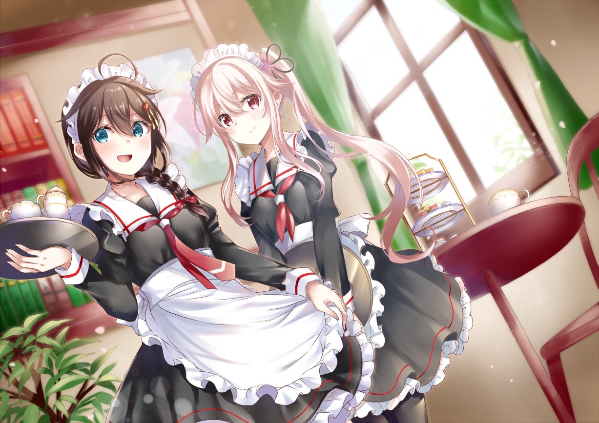 2girls ahoge alternate_costume apron bangs blue_eyes blush braid breasts brown_hair chair cup curtains day dress enmaided eyebrows_visible_through_hair frills hair_flaps hair_ornament hair_ribbon harusame_(kantai_collection) holding holding_tray indoors kantai_collection long_hair long_sleeves maid mashiro_aa multiple_girls open_mouth pink_hair plant ponytail red_eyes red_neckwear remodel_(kantai_collection) ribbon sailor_collar shigure_(kantai_collection) side_ponytail sidelocks single_braid smile table teacup teapot tray waist_apron white_apron window