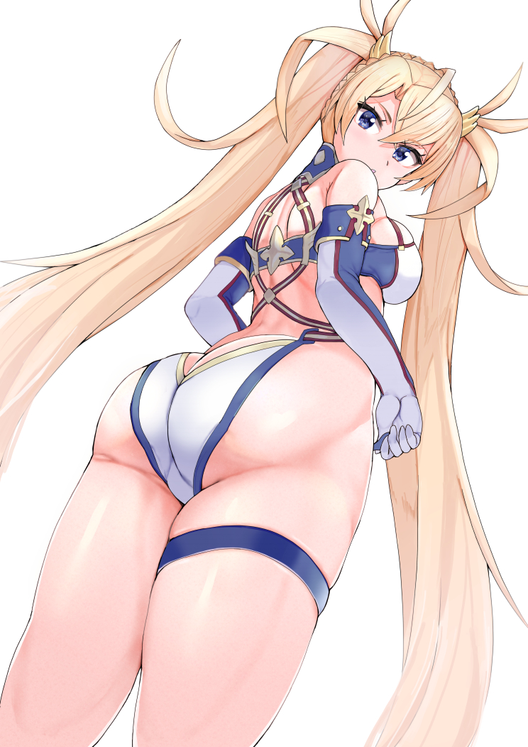 1girl ass back bangs bare_shoulders blonde_hair blue_eyes blush bradamante_(fate/grand_order) braid breasts crown_braid elbow_gloves fate/grand_order fate_(series) gloves hair_between_eyes highleg long_hair looking_at_viewer looking_back medium_breasts sikijou77o simple_background solo thigh_strap thighs twintails very_long_hair white_background