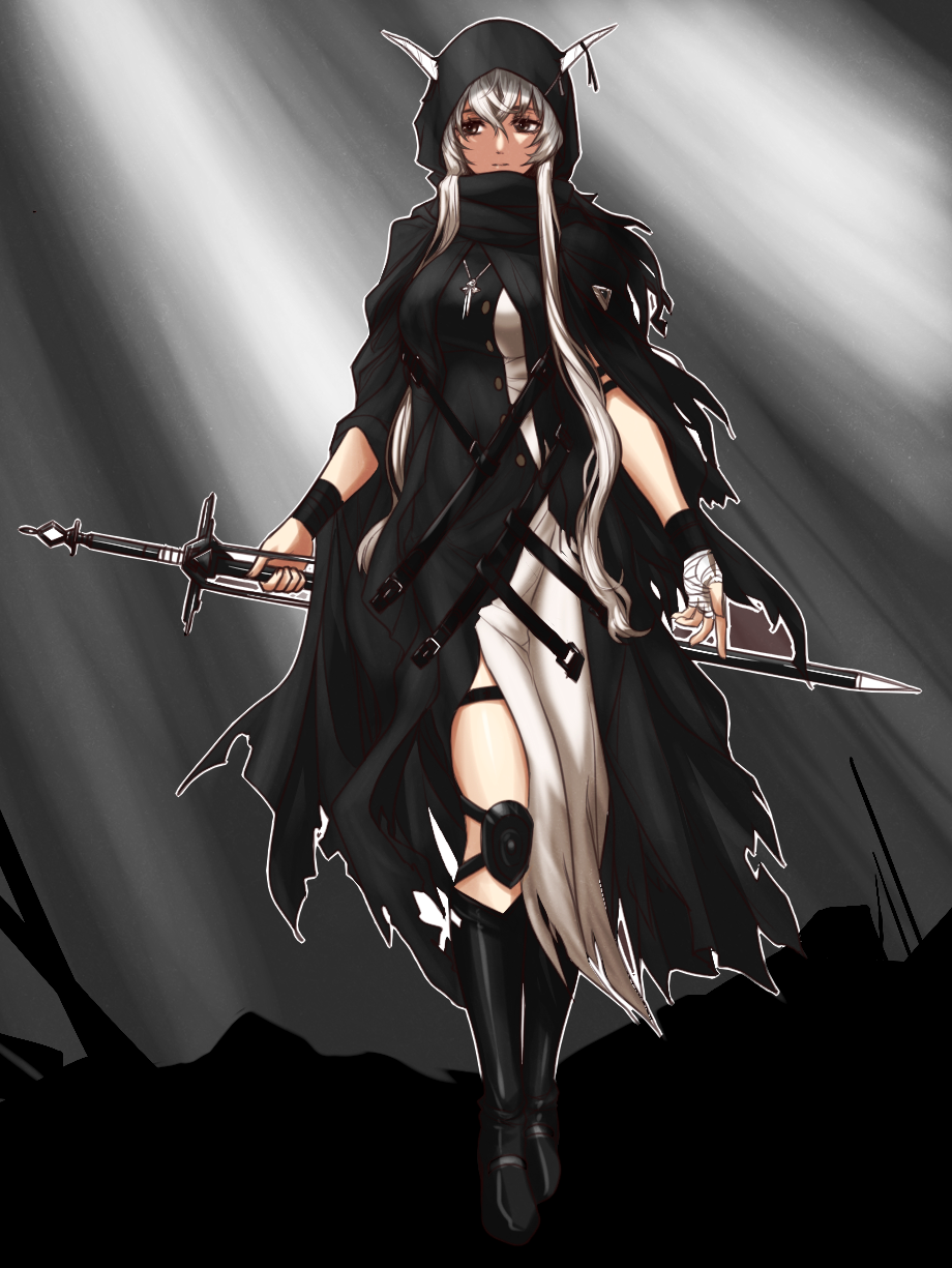 1girl arknights bandaged_hand black_cloak black_dress black_footwear boots breasts brown_eyes cloak closed_mouth commentary demon_horns dress english_commentary expressionless eyelashes full_body grey_background hair_between_eyes highres hood hooded_cloak horns jewelry knee_boots knee_pads light_rays lim_aya_w long_hair looking_to_the_side medium_breasts necklace shining_(arknights) solo sword thigh_strap thighs torn_cloak torn_clothes two-tone_dress weapon white_dress wrist_wrap wristband