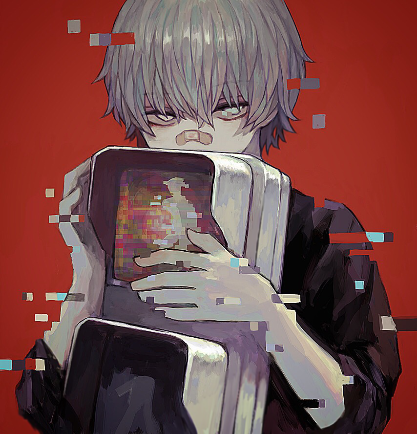 1249abcde 1boy bandaid bandaid_on_nose bishounen eyebrows_visible_through_hair glitch grey_hair hair_between_eyes holding male_focus original red_background solo traffic_light upper_body white_eyes