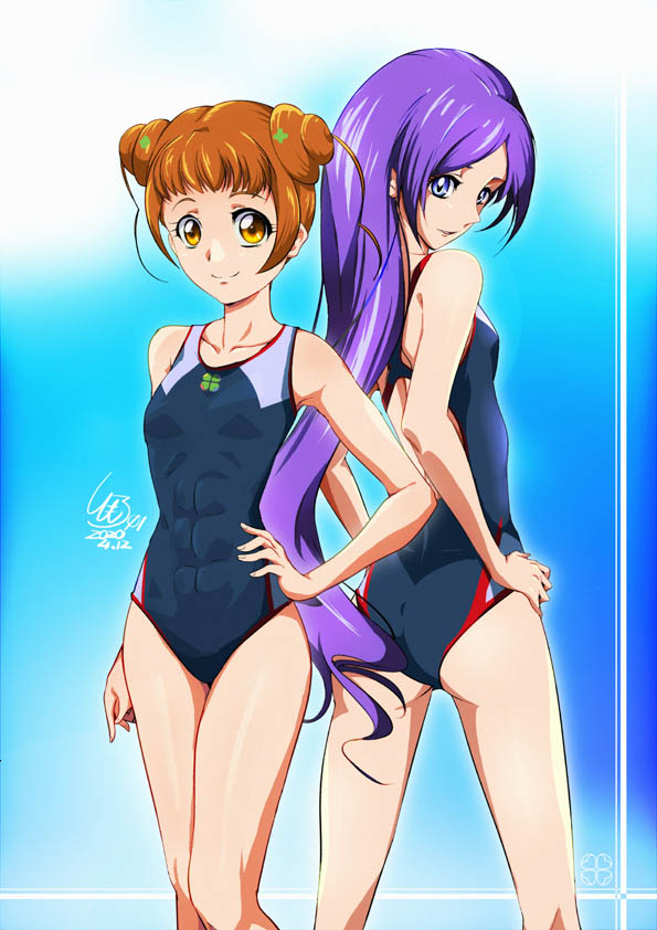 2girls abs aono_miki back-to-back black_swimsuit blue_background blue_eyes brown_hair commentary_request competition_swimsuit cowboy_shot dokidoki!_precure double_bun flat_chest fresh_precure! gradient gradient_background hands_on_hips long_hair looking_at_viewer multiple_girls one-piece_swimsuit precure purple_hair short_hair signature smile swimsuit tomo5656ky yellow_eyes yotsuba_alice