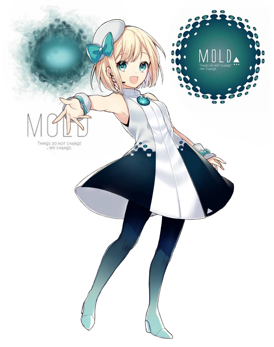1girl :d blonde_hair blue_bow blue_legwear boots bow copyright_name dress full_body gradient gradient_legwear green_eyes hair_bow hat high_heel_boots high_heels highres looking_at_viewer microphone mini_hat molca mold_(game) open_mouth reaching_out short_hair sleeveless sleeveless_dress smile sogawa solo standing white_background white_dress white_headwear