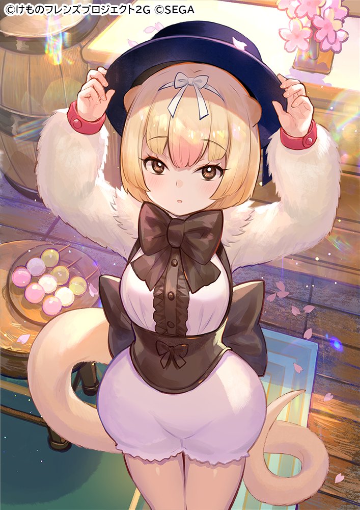 1girl anteater_ears anteater_tail arms_up bangs barrel black_neckwear blonde_hair bow bowtie brown_eyes center_frills cherry_blossoms commentary_request cowboy_shot dango eyebrows_visible_through_hair flower food fuji_choko hair_between_eyes hair_ornament hat kemono_friends kemono_friends_3 long_sleeves looking_at_viewer official_art parted_lips petals puffy_shorts sanshoku_dango short_hair shorts silky_anteater_(kemono_friends) solo tail wagashi