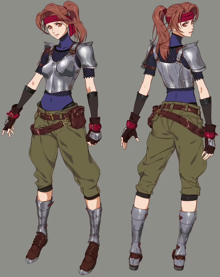 1girl armor back bag belt belt_pouch boobplate breastplate brown_eyes brown_hair cargo_pants closed_mouth clothed_navel covered_navel elbow_gloves female final_fantasy final_fantasy_vii final_fantasy_vii_remake fingerless_gloves fishnets from_behind full_body gloves grey_background headband high_ponytail jessie_rasberry looking_at_viewer looking_back multiple_views official_art pants ponytail red_headband red_headwear roberto_ferrari satchel shin_guards shoulder_armor simple_background solo standing